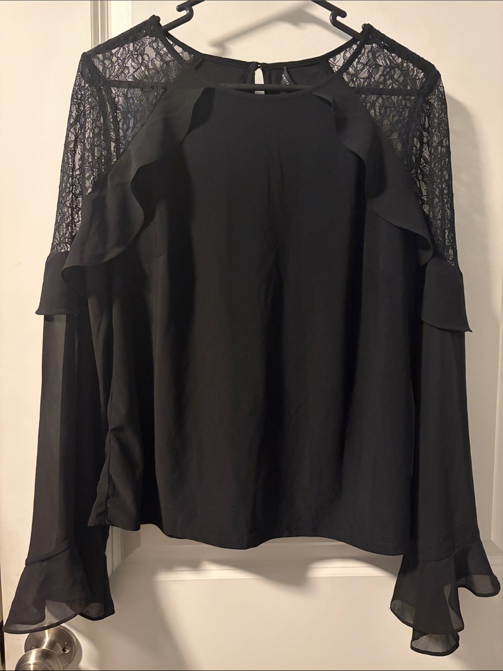 White House Black Market Black Lace Yoke Ruffle Long-Sleeve Top